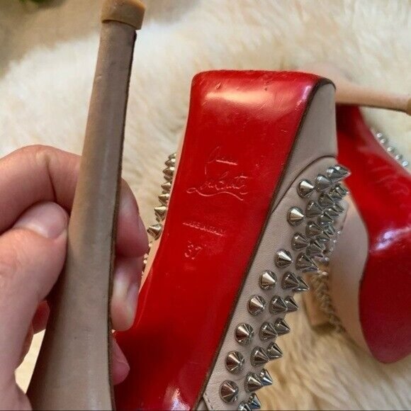 Louboutin Nude Leather Clou Spikes Studded Designer Platform Slingbacks Pumps 37 - Picture 6 of 13
